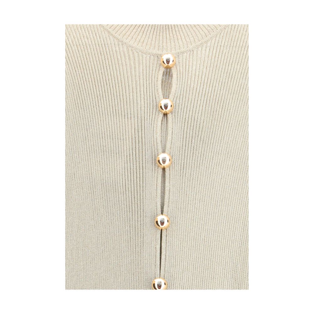 Close-up of Self-Portrait Gold Viscose Casual Dress button detail, featuring a lurex knit design with a shimmer finish.