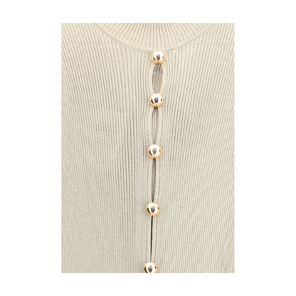 Close-up of Self-Portrait Gold Viscose Casual Dress button detail, featuring a lurex knit design with a shimmer finish.