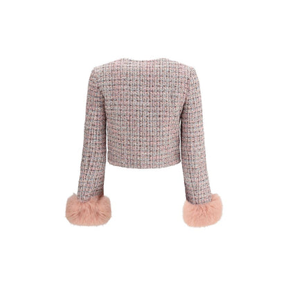 Back view of Self-Portrait Multicolor Wool Coat showing pink bouclé design with faux fur cuffs, elegant for AW25 collection.