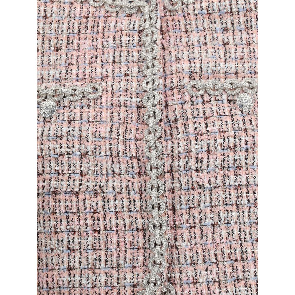 Close-up of Self-Portrait Multicolor Wool Coat with rhinestone trim and bouclé texture.