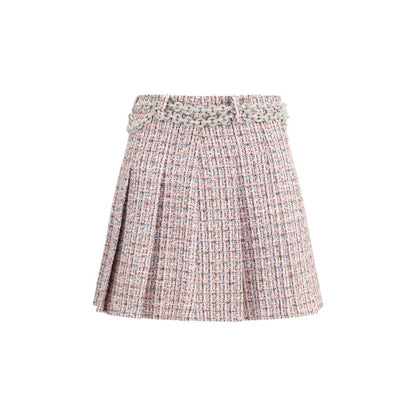 Front view of Self-Portrait Multicolor Wool Mini Skirt with rhinestone chain belt on white background.
