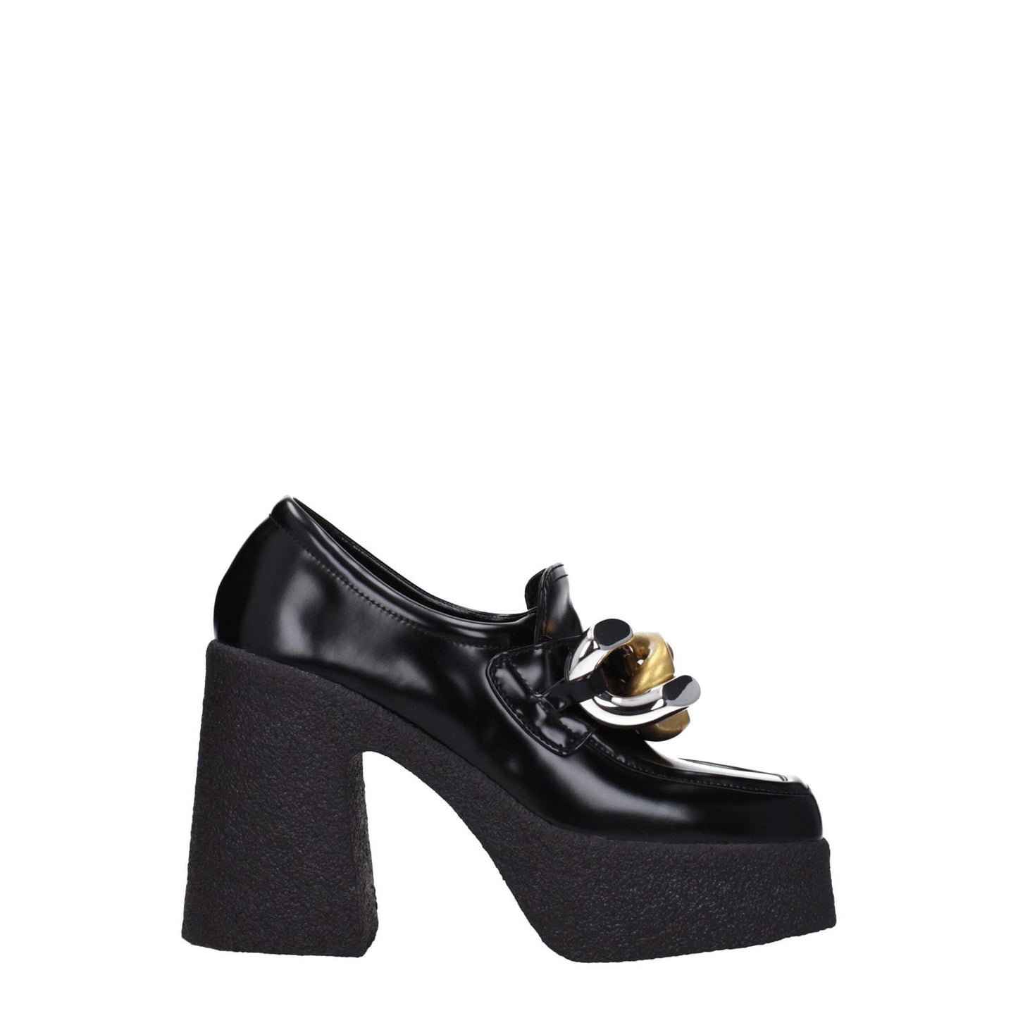 Stella McCartney Black Leather Platform Loafers with vintage effect, square toe, and high heel, featuring eco leather and rubber sole.