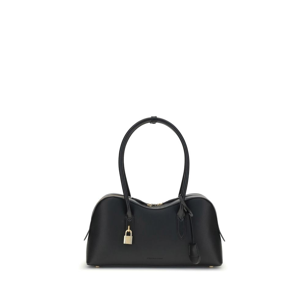Stella McCartney Black Nylon Shoulder Bag with embossed logo and padlock, featuring round handles and zippered closure for elegant functionality.