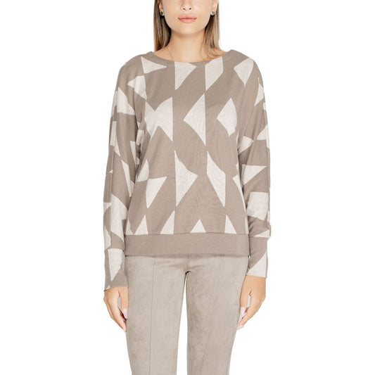 Model wearing Street One Brown Polyester Sweatshirt with geometric print and classic crew neckline.