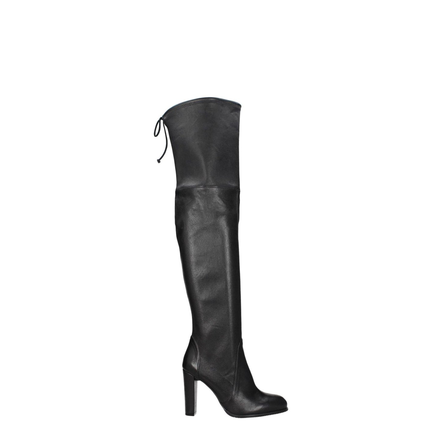 Stuart Weitzman Black Leather Over The Knee boot with high heel and drawstring closure, showcasing vintage and aged effects.