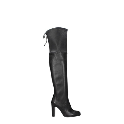 Stuart Weitzman Black Leather Over The Knee boot with high heel and drawstring closure, showcasing vintage and aged effects.