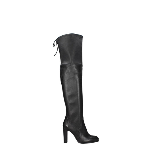 Stuart Weitzman Black Leather Over The Knee boots with high heel and drawstring closure, featuring vintage effect and rubber sole.