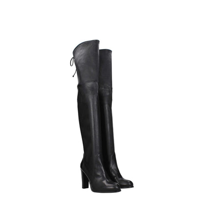 Stuart Weitzman Black Leather Over The Knee boots with high heels, round toe, and drawstring closure, featuring vintage and aged effects.