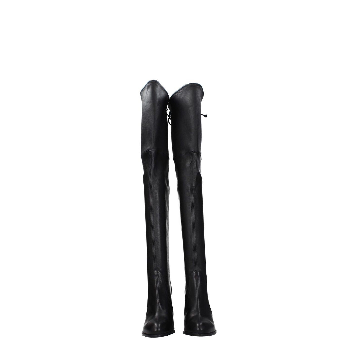 Stuart Weitzman Black Leather Over The Knee boots with high heel and round toe, featuring a vintage aged effect and drawstring closure.