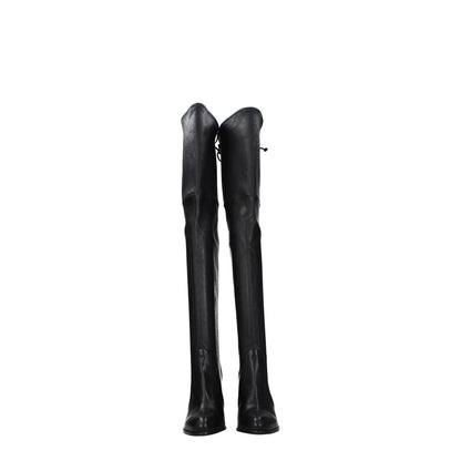 Stuart Weitzman Black Leather Over The Knee boots with high heel and round toe, featuring a vintage aged effect and drawstring closure.