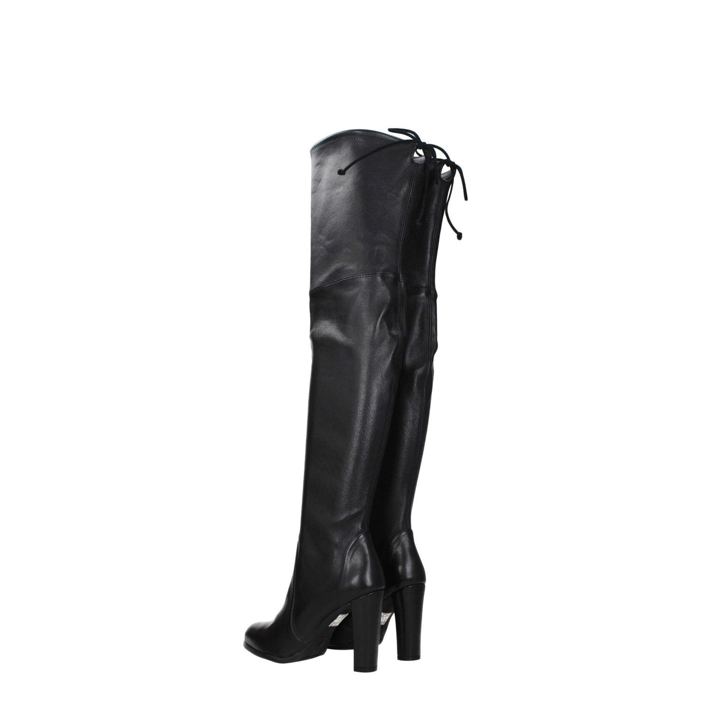 Stuart Weitzman Black Leather Over The Knee boots with drawstring closure and high heel, side view showing round toe and aged leather effect.