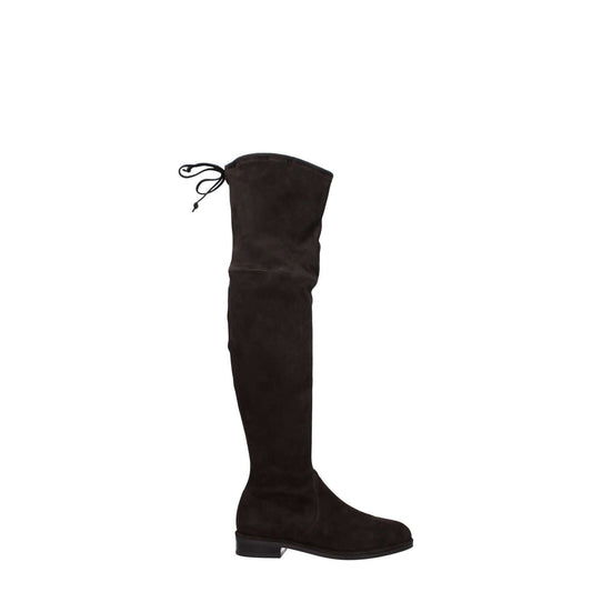 Stuart Weitzman Brown Leather Over The Knee boots, suede material, casual style, self-tie closure, low flat heel, round toe, rubber sole.
