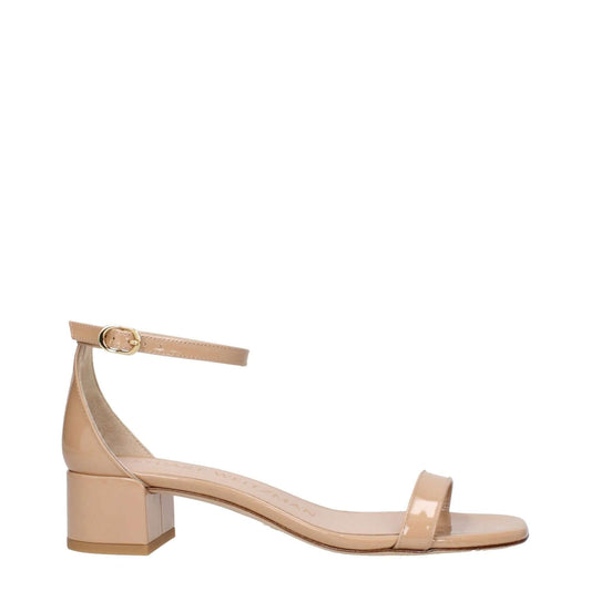Stuart Weitzman Pink Leather Sandals with open toe, buckle closure, and 3.5 cm mid heel, patent leather casual style.