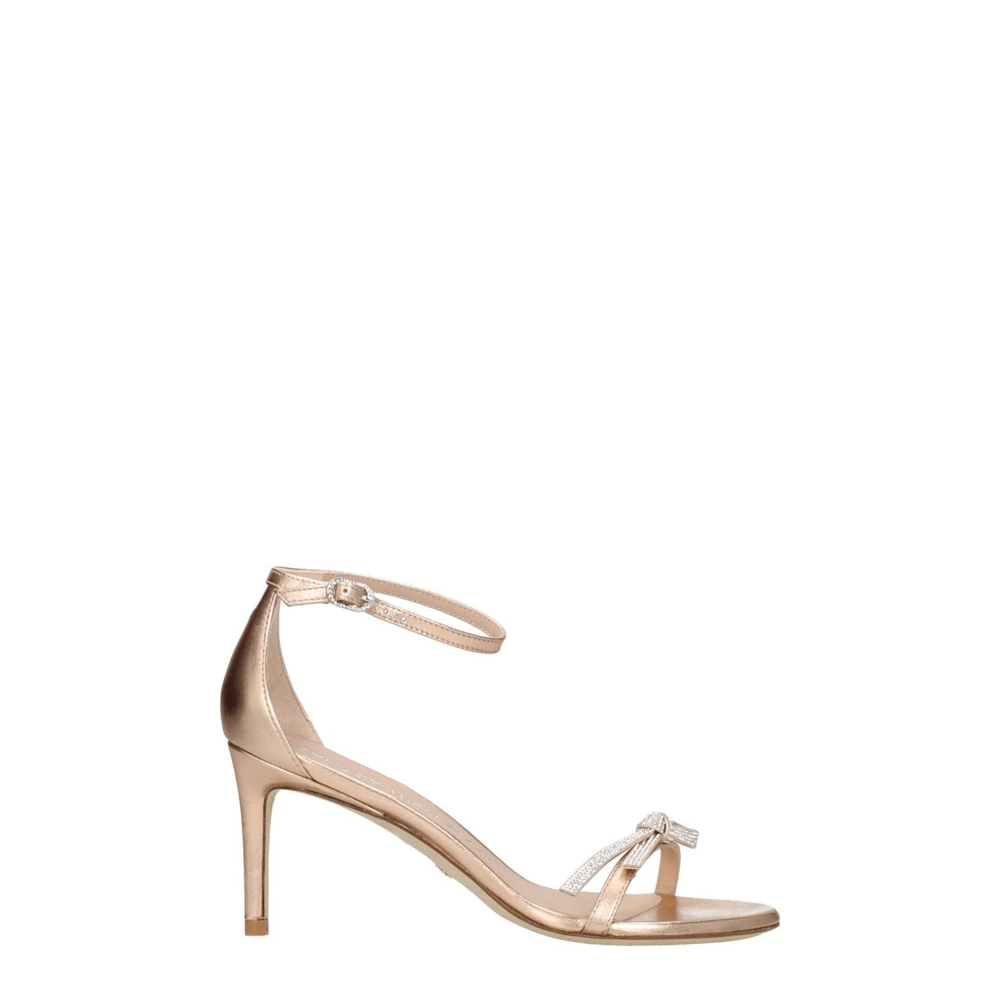 Stuart Weitzman Pink Leather Stiletto Heels Sandals with metallic effect, buckle closure, and 7.5 cm mid heels, open toe, silver accents