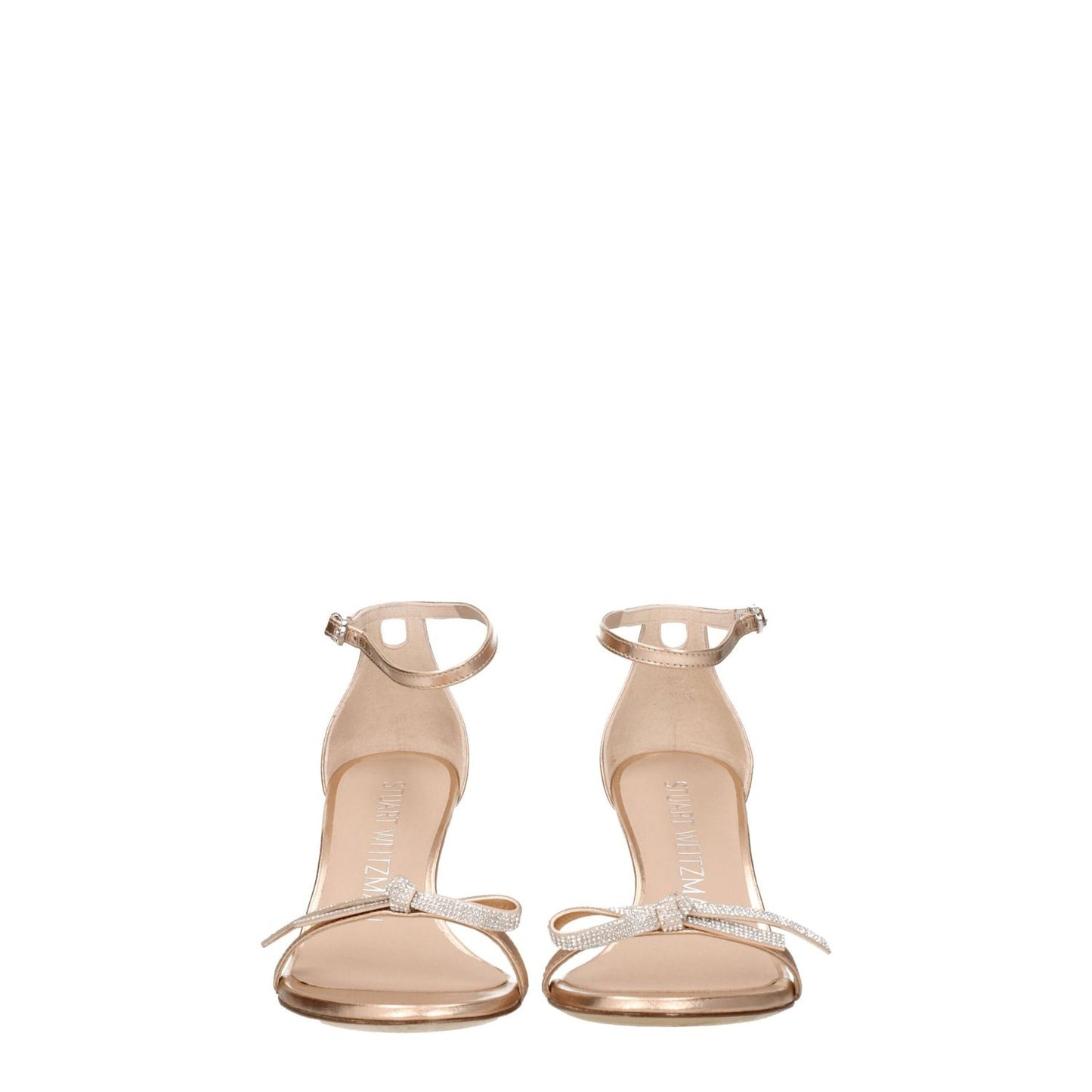 Stuart Weitzman Pink Leather Stiletto Heels Sandals with buckle closure, metallic effect, mid heels, and open toe design.