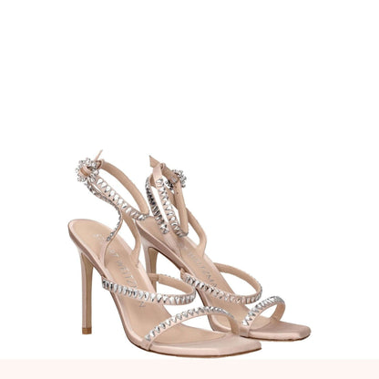 Stuart Weitzman Pink Satin Stiletto Heel Sandals with rhinestone detail, open toe, high heel, and buckle closure.