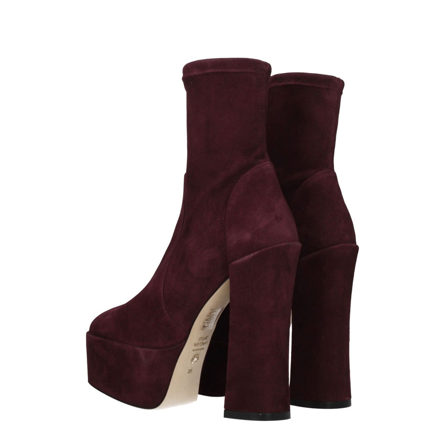Stuart Weitzman Purple Leather Ankle Boots with high heels, suede material, round toe, and leather sole, style for casual wear.