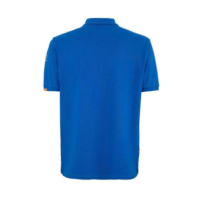 Suns Blue Cotton Polo Shirt with ribbed collar, logo on sleeve, and button closure, viewed from the back.