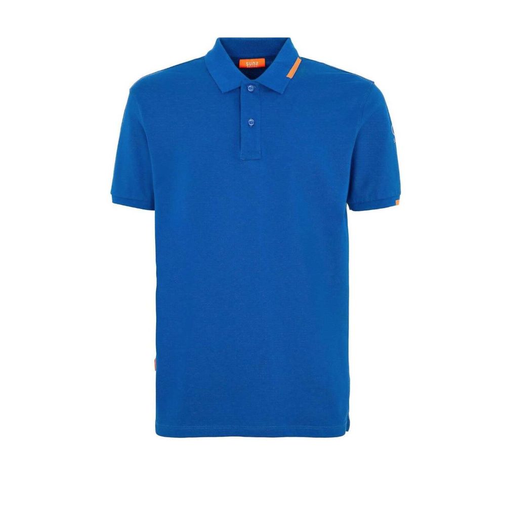Suns Blue Cotton Polo Shirt with ribbed collar and logo on sleeve, featuring front button closure for a stylish look.