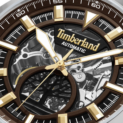 Close-up of TIMBERLAND WATCHES Mod. TDWGE0055203 showcasing intricate gears and design on the watch face.