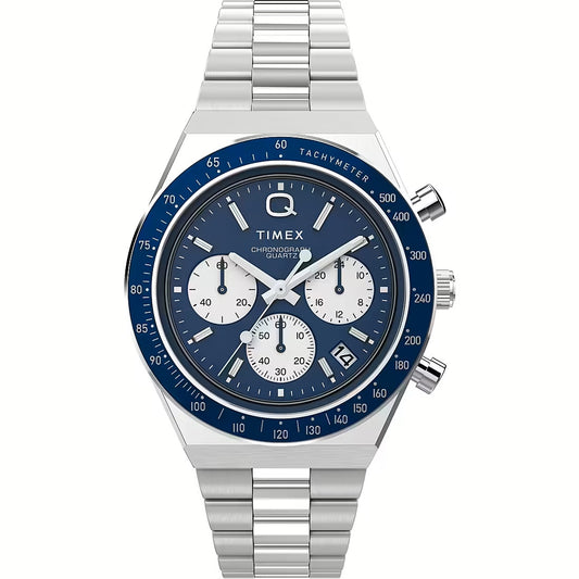 TIMEX MOD. Q CHRONO wristwatch with blue dial and stainless steel bracelet, featuring chronograph and date functions in official packaging.