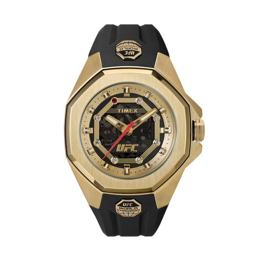 TIMEX WATCHES Mod. TW2V86500 gold and black design featuring UFC branding on the dial, stylish timepiece for sports enthusiasts.