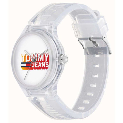 Clear Tommy Hilfiger watch with Tommy Jeans logo on dial, unisex quartz analog design, 3 ATM water resistance, 40mm case size.