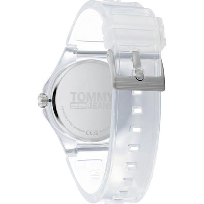 Back view of TOMMY HILFIGER Mod. 1720027 unisex quartz analog watch with translucent strap and mineral dial in official packaging.