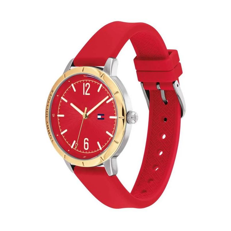 TOMMY HILFIGER Mod. 1782561 lady's watch, quartz movement, red strap, gold-tone bezel, water-resistant 3 ATM, 38mm case, analog display.