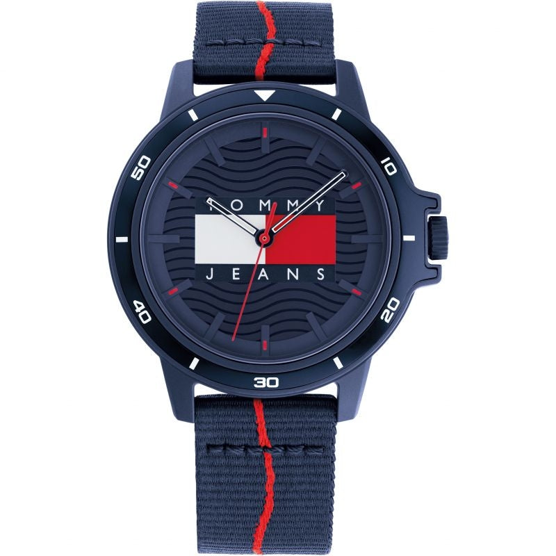 TOMMY HILFIGER Mod. 1791997 watch with navy strap, mineral dial, quartz movement, multifunction features, and official packaging.