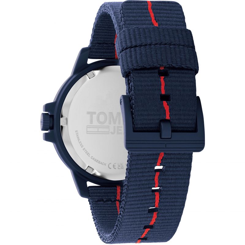 Rear view of TOMMY HILFIGER Mod. 1791997 men's watch with blue strap and detailed stitching, highlighting craftsmanship.