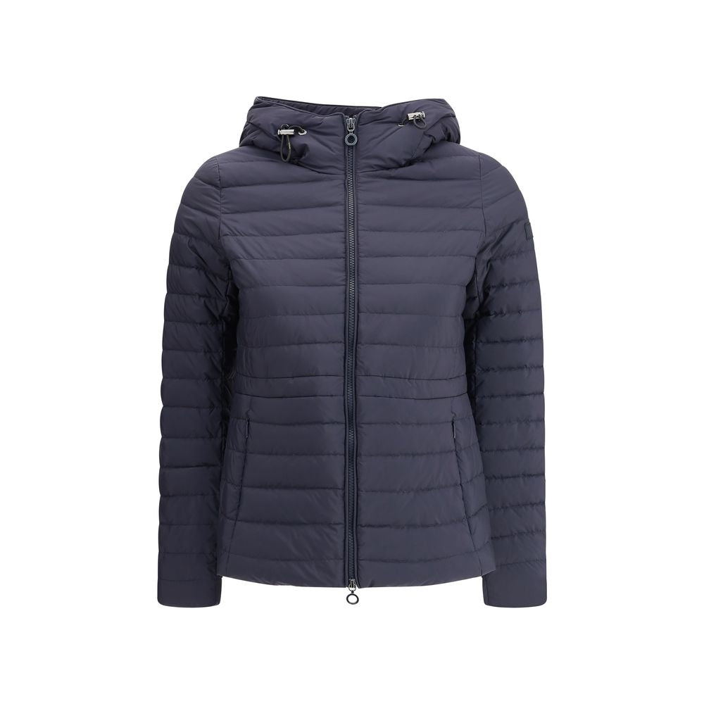 Tatras Blue Nylon Full-Length Jacket with hood and zip closure, ideal for AW25; padded quilted design with practical zippered pockets.