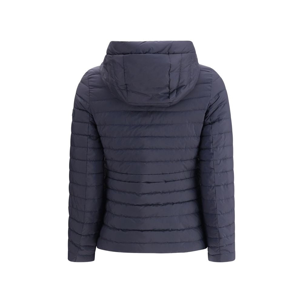 Back view of Tatras Blue Nylon Full-Length Jacket with quilted, padded design and adjustable drawstring hood, ideal for cold weather.