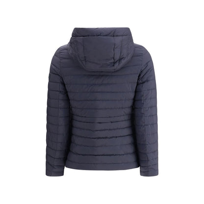 Back view of Tatras Blue Nylon Full-Length Jacket with quilted, padded design and adjustable drawstring hood, ideal for cold weather.