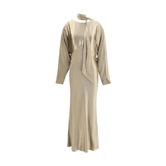 The Andamane Gold Viscose Casual Dress with long sleeves and satin scarf, elegant AW25 collection.