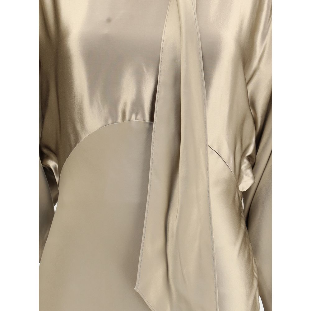The Andamane Gold Viscose Casual Dress featuring a satin scarf and long sleeves, elegant style with a refined allure.