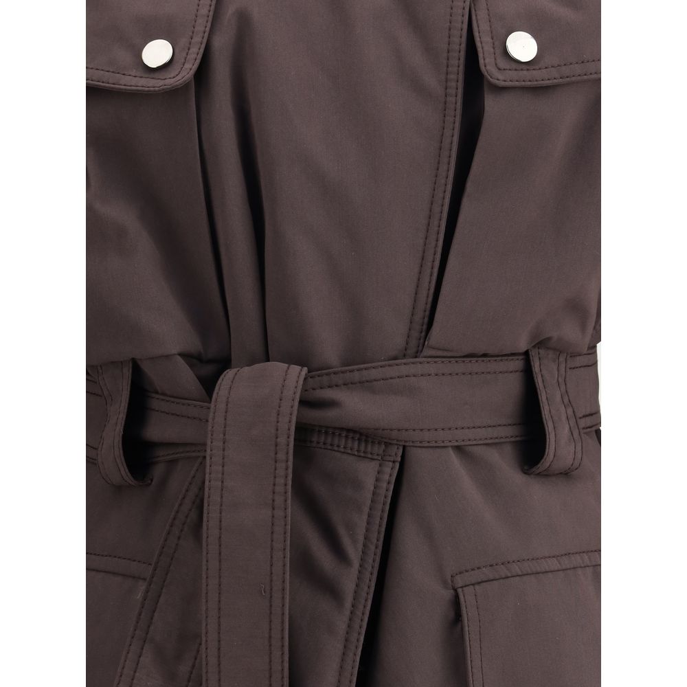 Close-up of The Andamane Purple Polyester Coat showcasing snap button closure and knotted belt detailing.