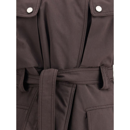 Close-up of The Andamane Purple Polyester Coat showcasing snap button closure and knotted belt detailing.