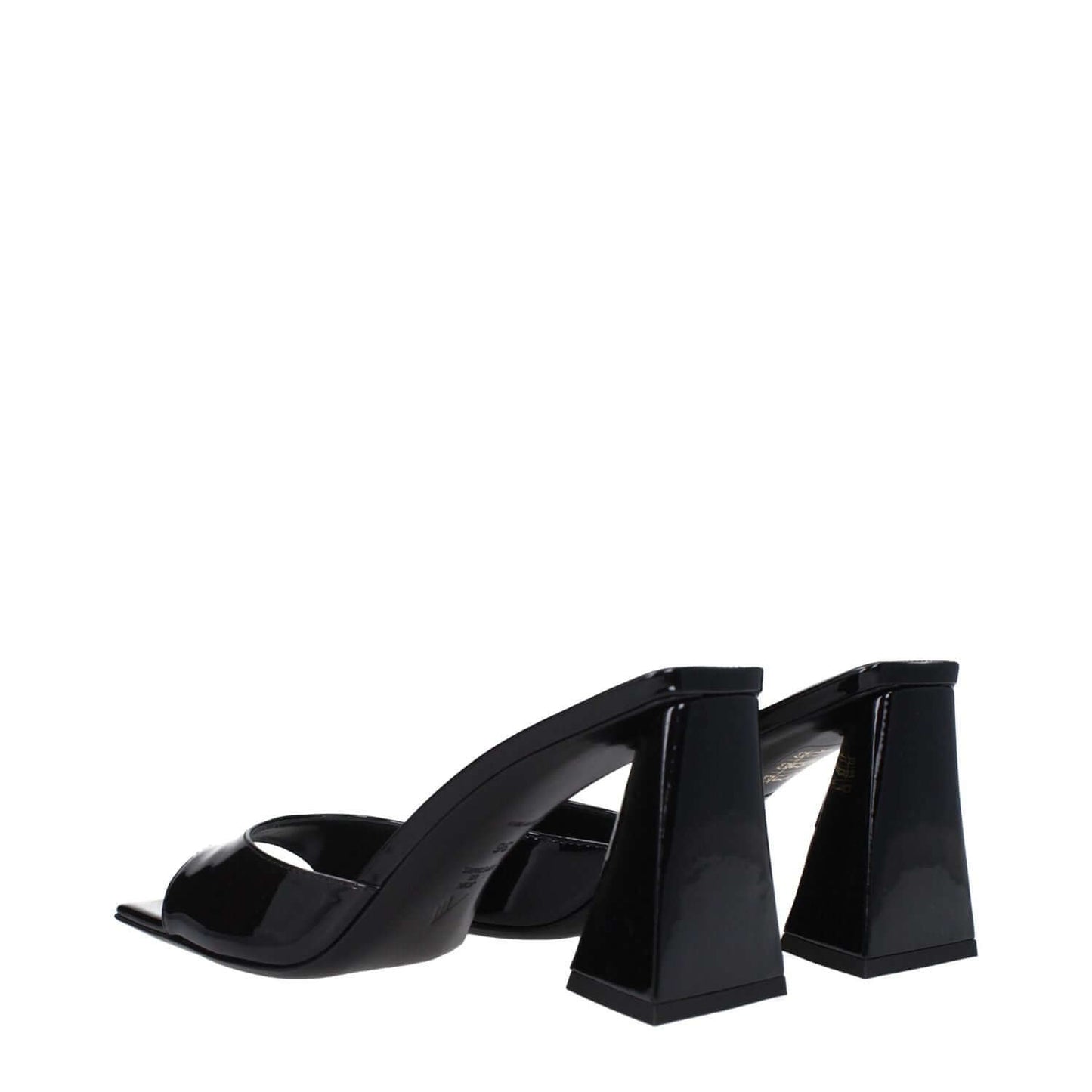 The Attico Black Leather Stiletto Heel Sandals with open toe and mid heels, made of patent leather, side view showing unique heel design.