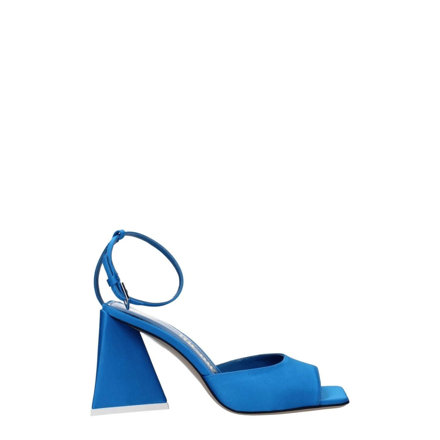 The Attico Blue Satin Stiletto Heel Sandals with buckle closure, open toe, leather sole, and mid heels, side view.
