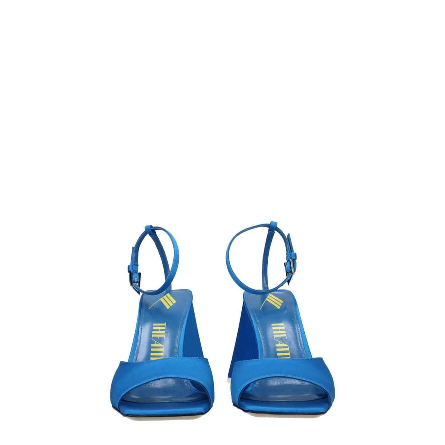 The Attico Blue Satin Stiletto Heel Sandals with buckle closure and open toe design, emphasizing casual style and turquoise accents.