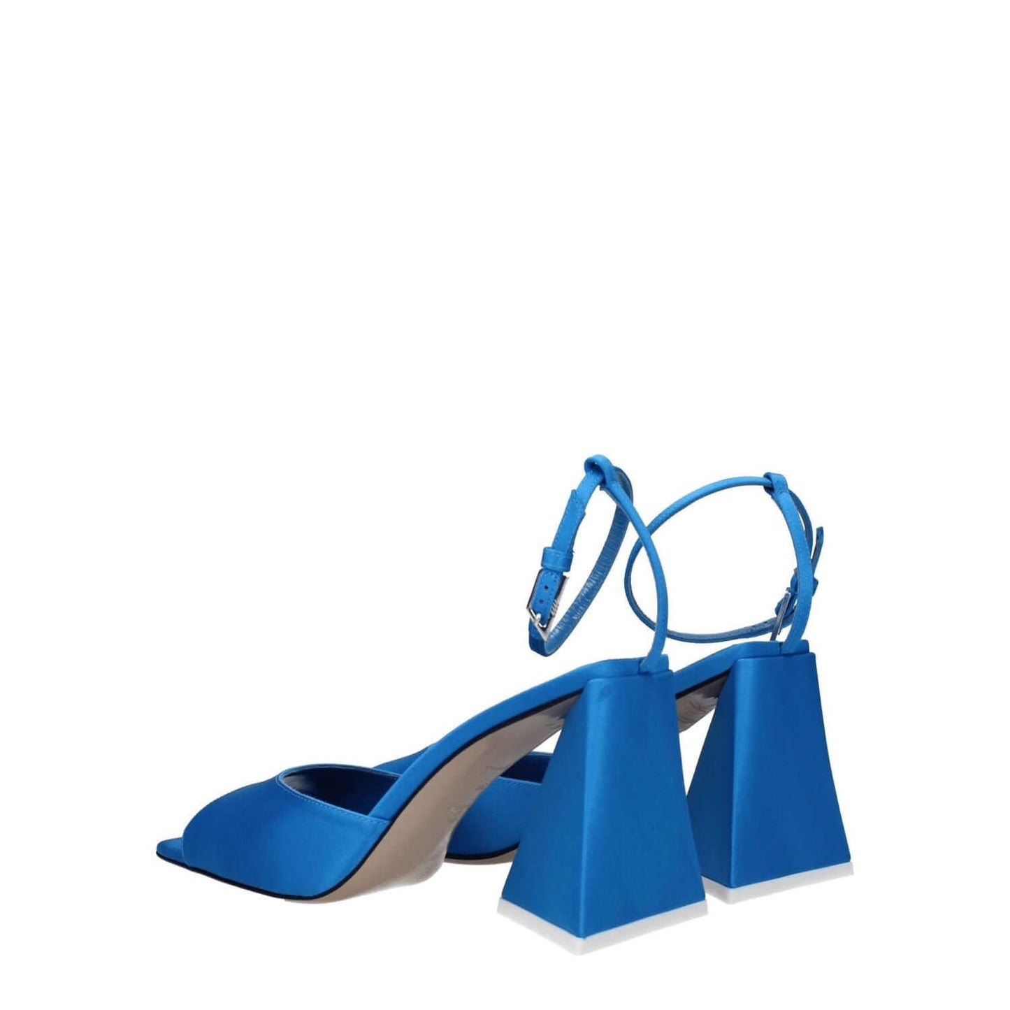 The Attico Blue Satin Stiletto Heel Sandals with buckle closure, open toe design, and mid-heel height of 8.5 cm.