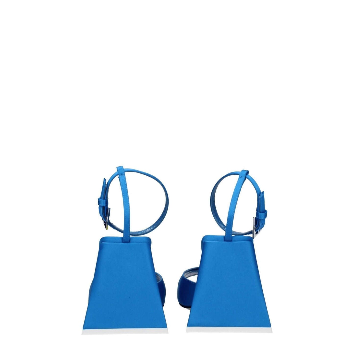 The Attico Blue Satin Stiletto Heel Sandals with buckle closure and leather sole, featuring an open toe and mid heels, back view.