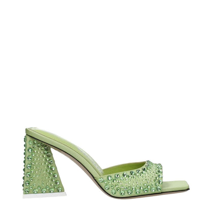 The Attico Green Satin Stiletto Heel Sandals with rhinestone design, open toe, and 8.5 cm mid heels, stylish for any occasion.