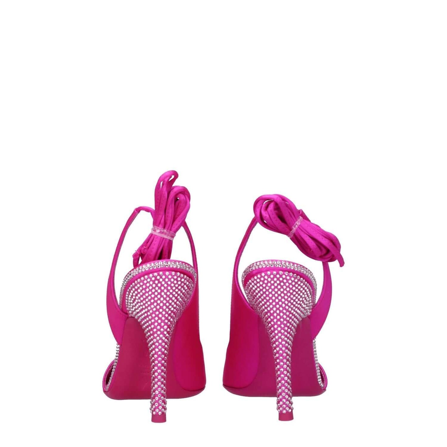 The Attico Pink Satin Stiletto Heel Sandals in fuchsia with rhinestones, self-tie closures, and leather sole, back view.