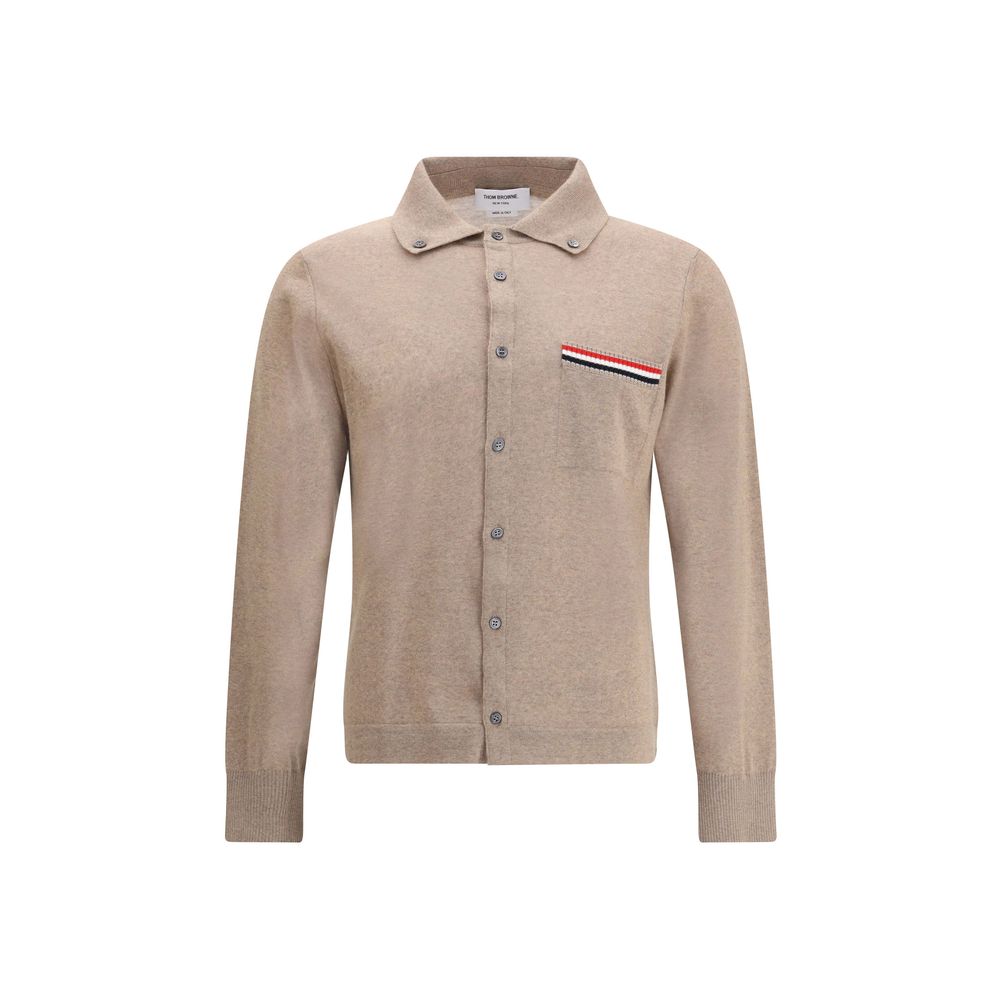 Thom Browne Beige Fleece Wool Cardigan with button closure and tricolor patch pocket.