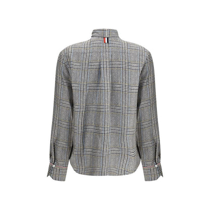 Thom Browne Beige Silk Dress Shirt with detachable bow, showcasing intricate Hunting tweed pattern from back view.