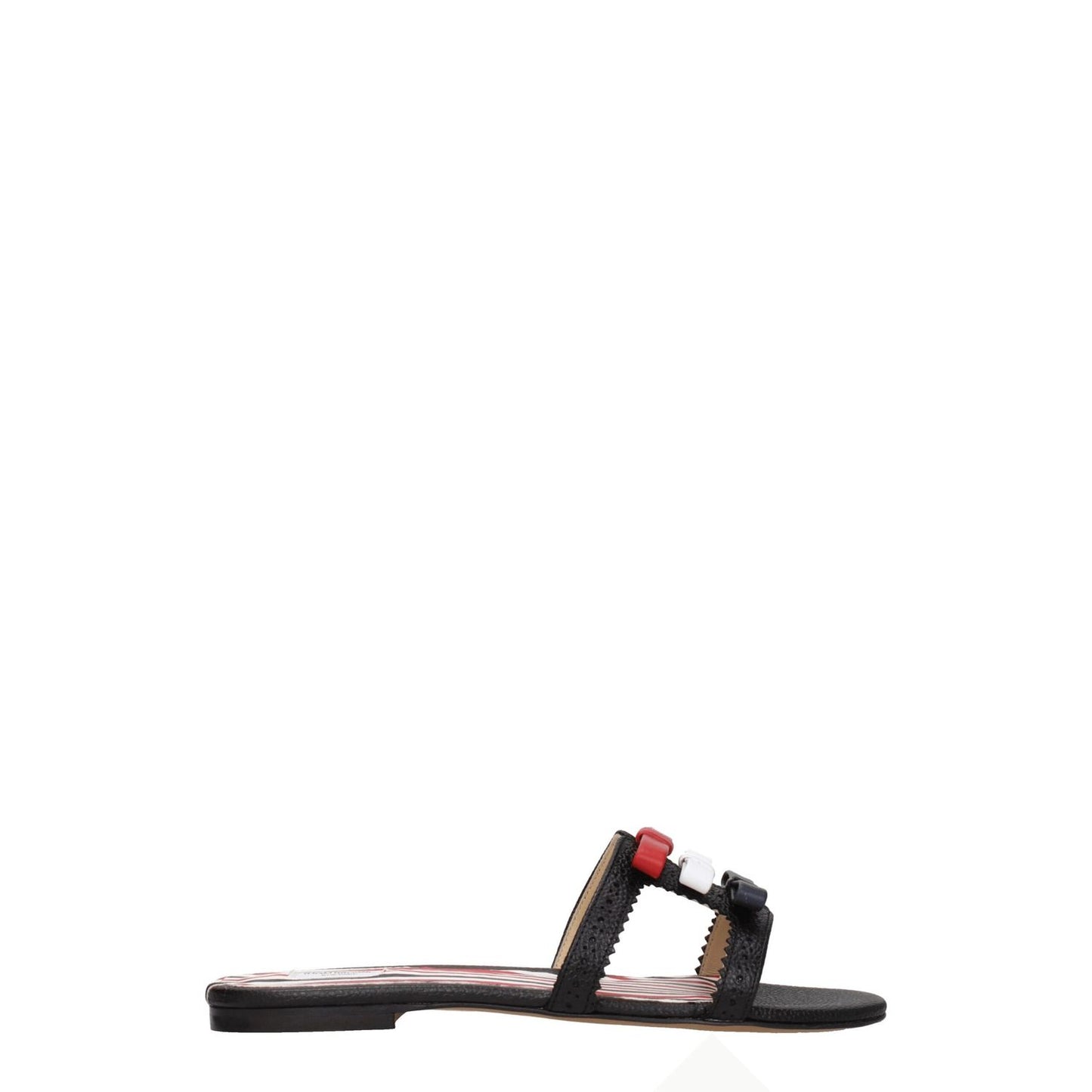Thom Browne Black Leather Slippers Sandals with front detail and open toe design.
