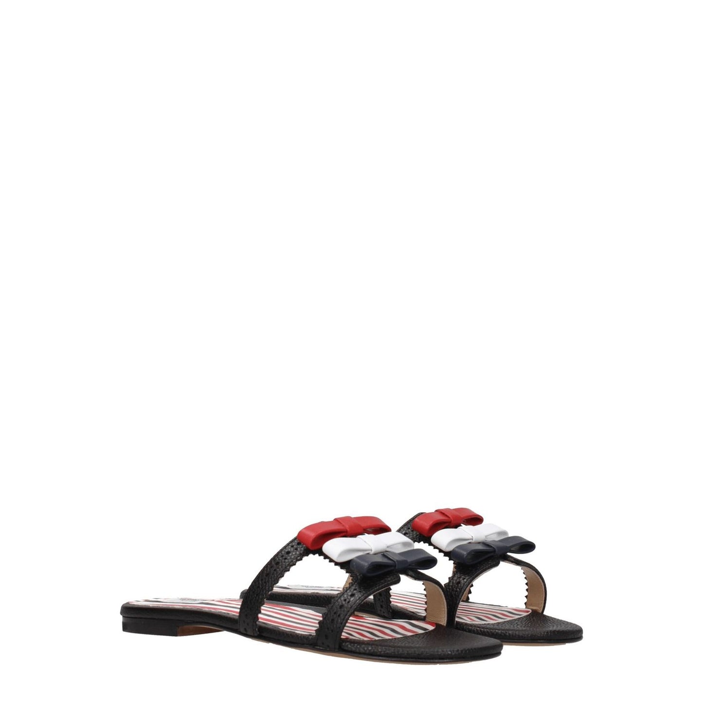 Thom Browne Black Leather Slippers Sandals featuring open toe and low flat heel with front detail design.