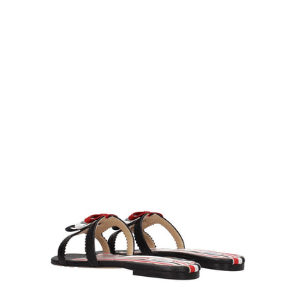 Thom Browne Black Leather Slippers Sandals with open toe design and flat sole, featuring front detail and casual style.